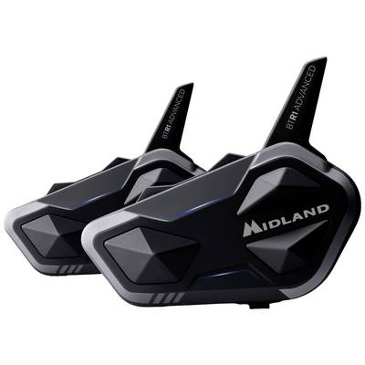 Two black Midland BTR1 Advanced Bluetooth communication systems with distinctive design, suitable for motorcycle helmets.