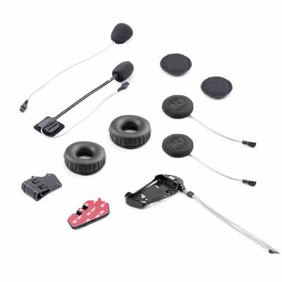 A motorcycle communication set, consisting of microphones, ear cushions, mounting kits, and cables, arranged on a white background.