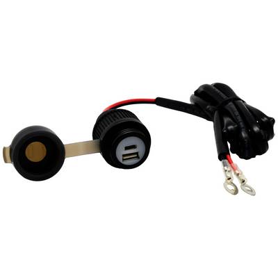 A USB charger with two ports and cables, suitable for use in vehicles. On the left is a removable cover.