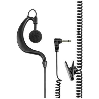 A black headphone set with a flexible headband, foam ear cushions, coiled cable, jack plug, and clip.