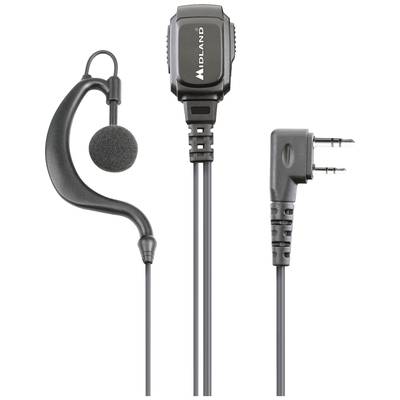 A black headset with an ear hook, microphone, and two jack plugs. Designed for clear communication in noisy environments.