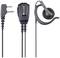 'Midland' ear hook headset with two pins and microphone, black, compatible with two-way radios. Shows ear hook and plug.