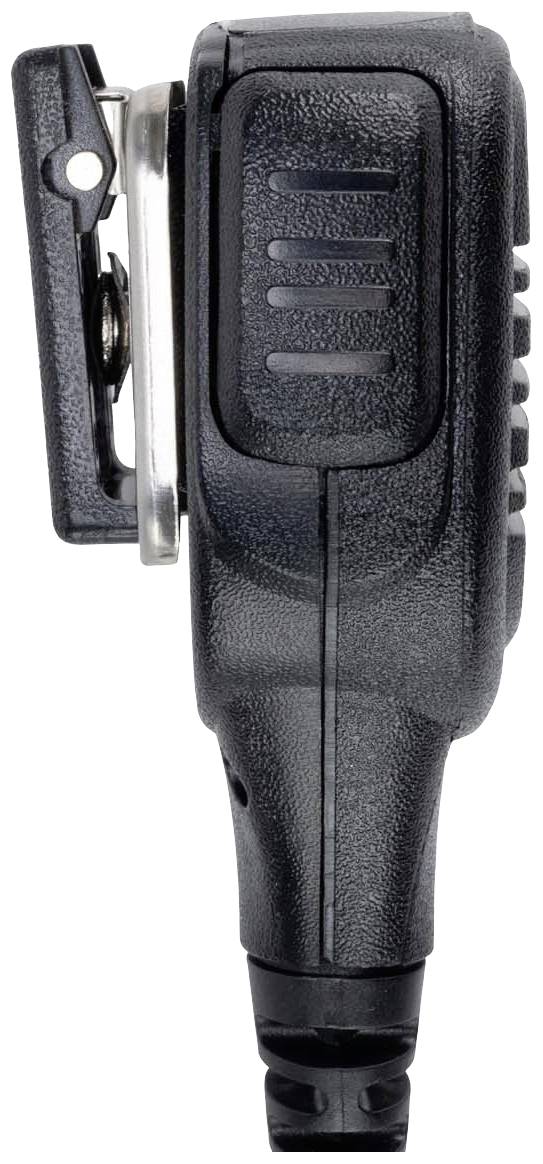 Black portable radio accessory with belt clip, side view.