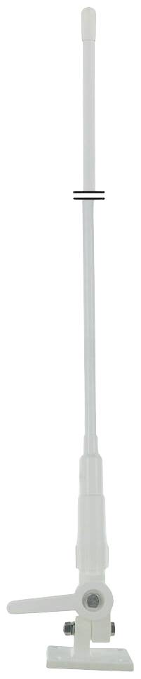 A white antenna with a jointed mount, suitable for boats or motorhomes. It is vertically aligned and telescopic.