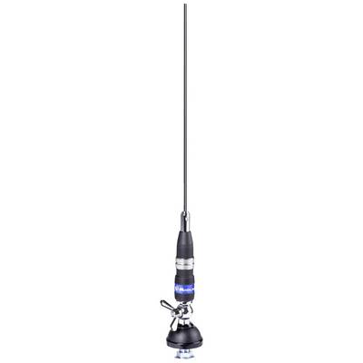 'CB radio antenna with magnetic base and cable, suitable for vehicles. Slim, vertical design for easy mounting and good reception.'