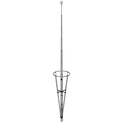 A vertical, tapering rod with a circular ring and supports in the middle, ending in a small sphere at the top.
