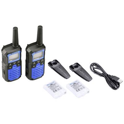 Two two-way radios with chargers, belt clips, and USB cables. Suitable for short-distance communication.