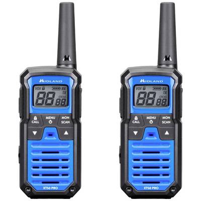 Two blue two-way radios with black details and aerials. Both display '88' on the screen.