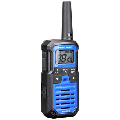 A blue-black handheld radio with a display and antenna by Midland. It displays symbols for volume and reception signal.