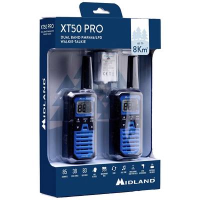 'Midland XT50 PRO' Walkie-Talkie Twin Pack, with up to 8 km range, featuring 85 channels. Packaging shows two devices.