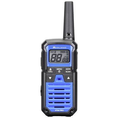 A navy blue and black handheld radio with a display showing numbers and symbols. Text on the device: 'Midland XT50 Pro'.