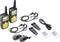 Two yellow and black walkie-talkies with headphones, clips, USB cable, and batteries on a white background.