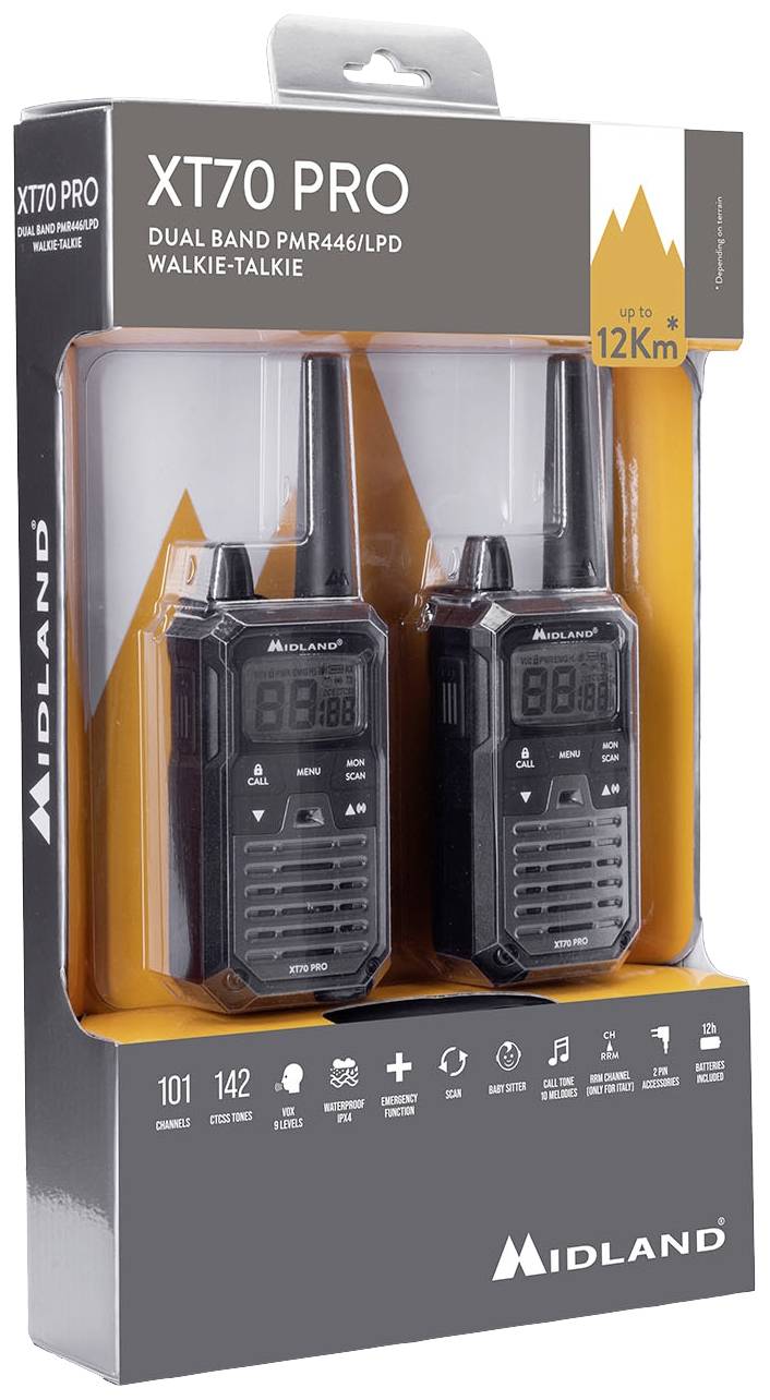 Package containing two black XT70 PRO Walkie-Talkies by MIDLAND, suitable for communication up to 12 km, Dualband PMR446/LPD.