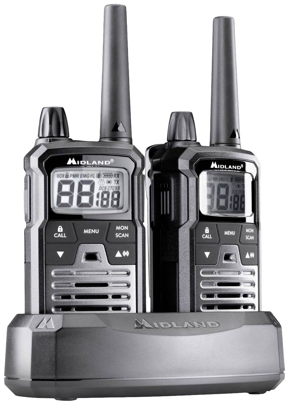 Two black two-way radios in a charging station. Both displays show numbers and are ready for communication.