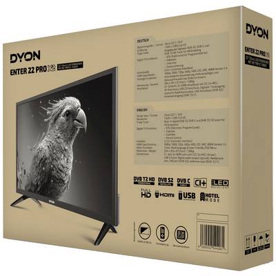 A television set with a 55 cm screen diagonal on its packaging. Product details and specifications are printed in German and English.