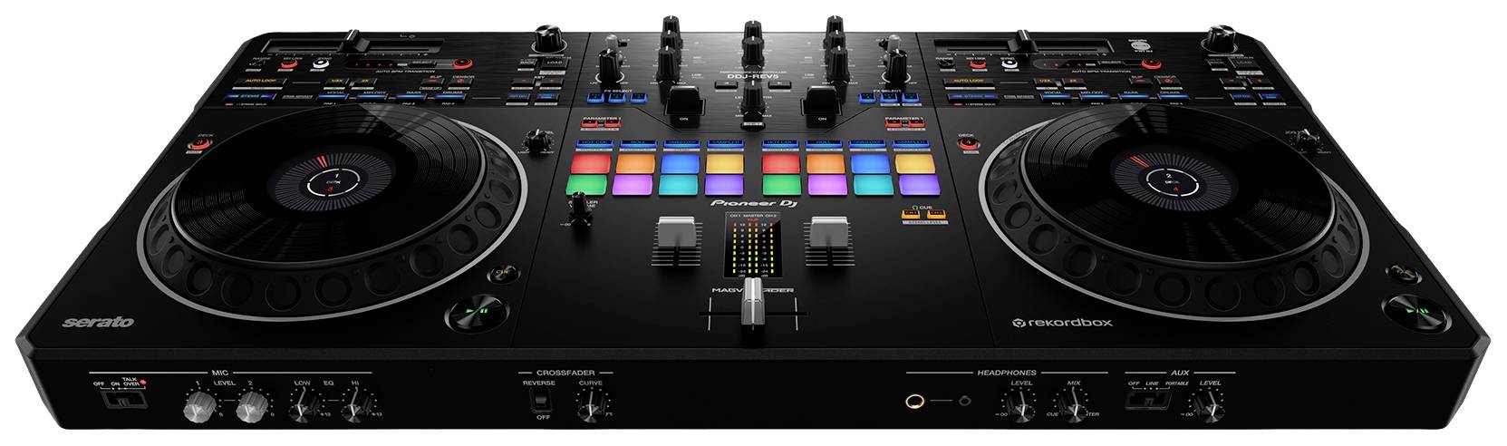 DJ mixing desk with two turntables, faders, and illuminated pads, suitable for music mixing and performance.