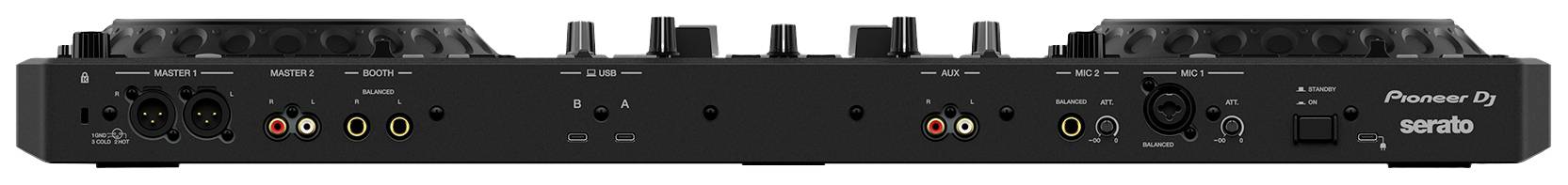 A DJ mixing desk from behind, showing various audio connection options such as RCA and USB, with buttons for volume and control.