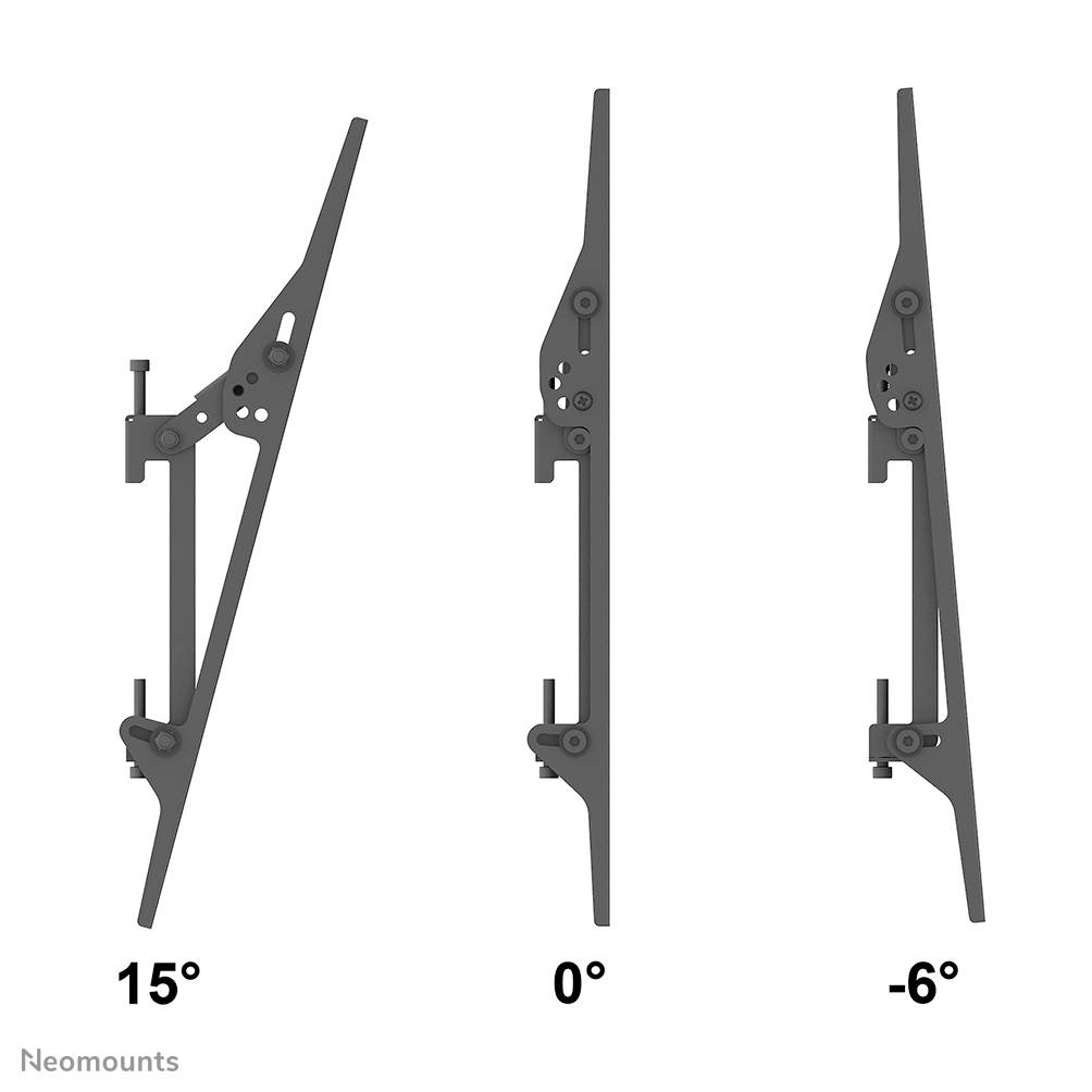 Three side views of a wall mounting system with different tilt angles: 15°, 0° and -6°.
