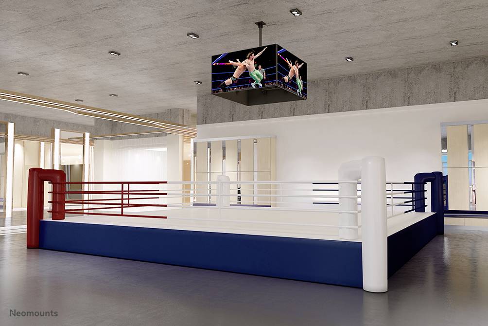 An empty boxing ring in a sports hall, with a monitor hanging from the ceiling showing a wrestling match.