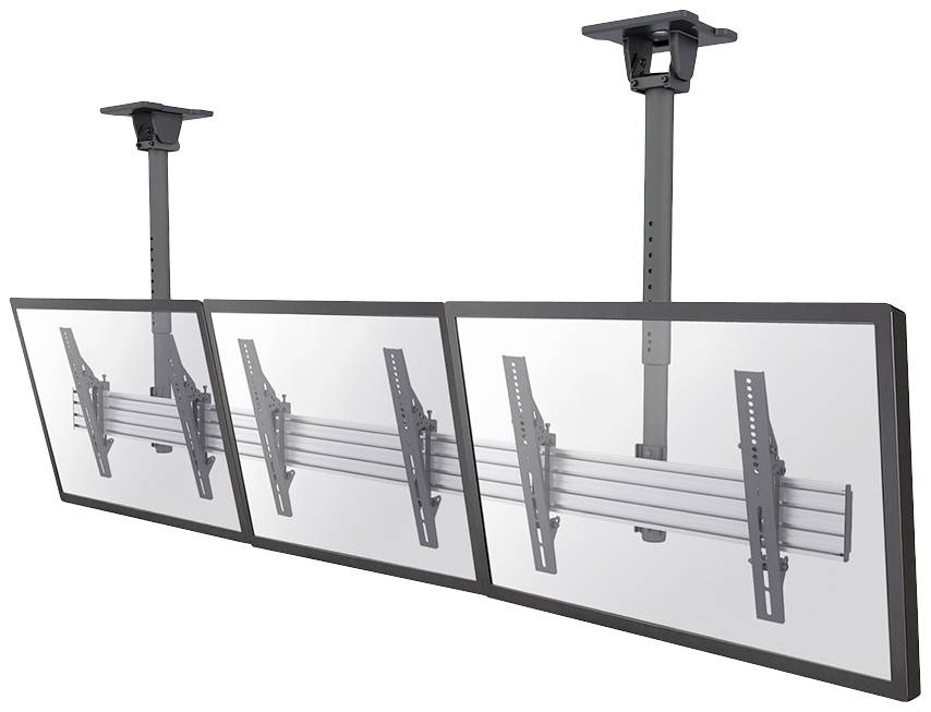 Three screens mounted on ceiling brackets side by side, suitable for presentations or monitoring rooms.
