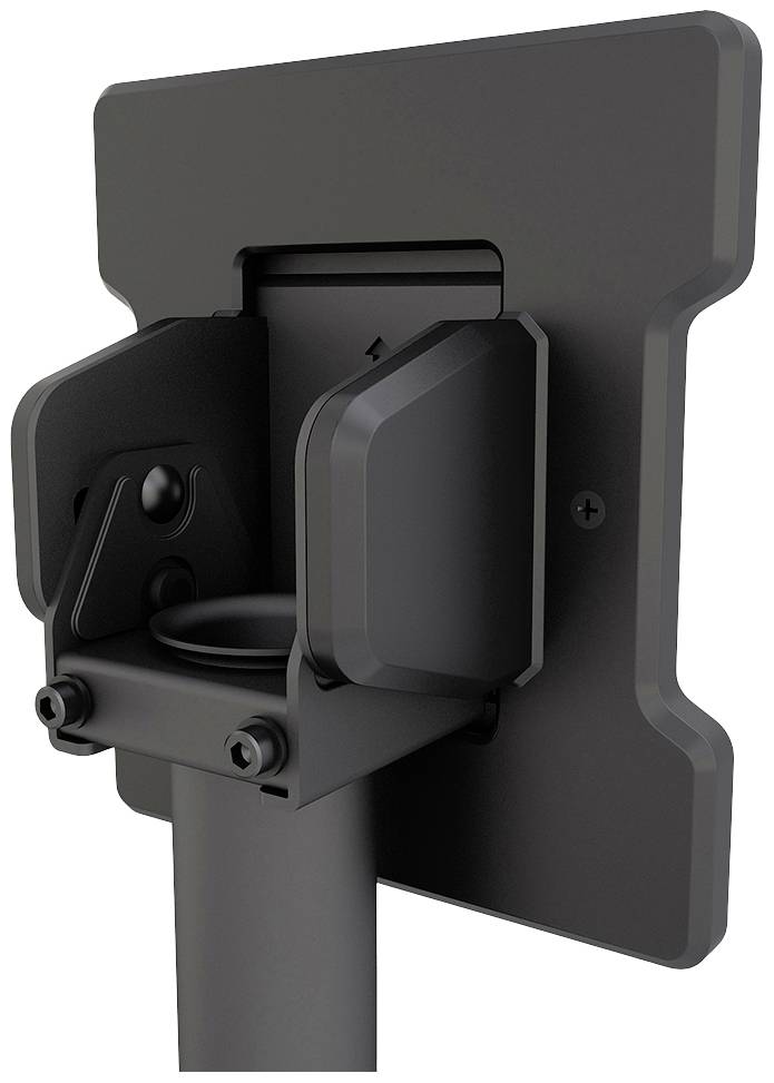 Rear view of a black monitor stand with an adjustable mount and screws, suitable for attaching to desks.