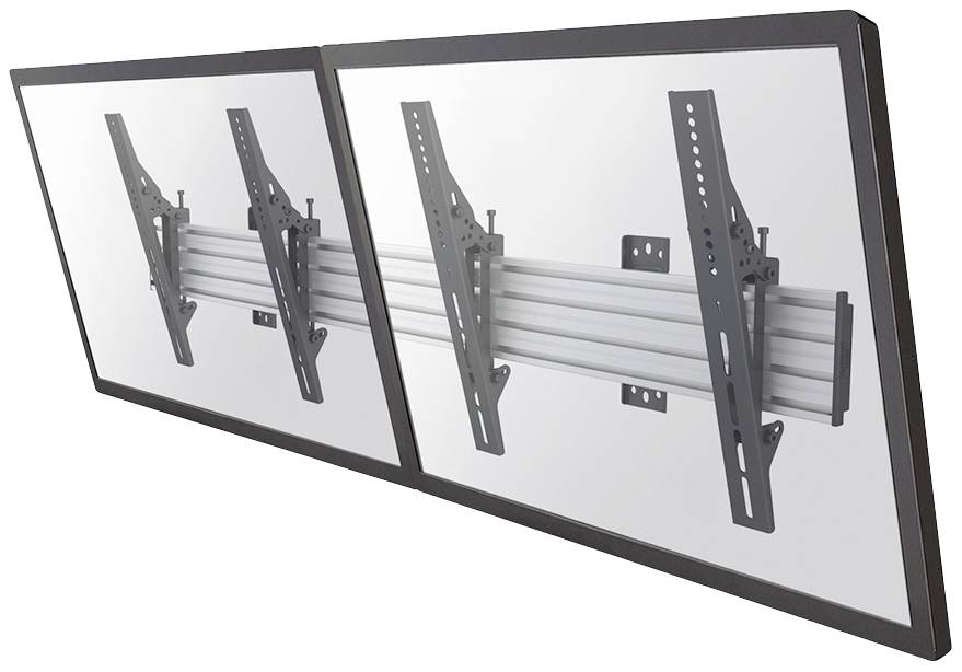 'Two flat screens mounted on a bracket with struts running parallel to securely fasten the screens.'