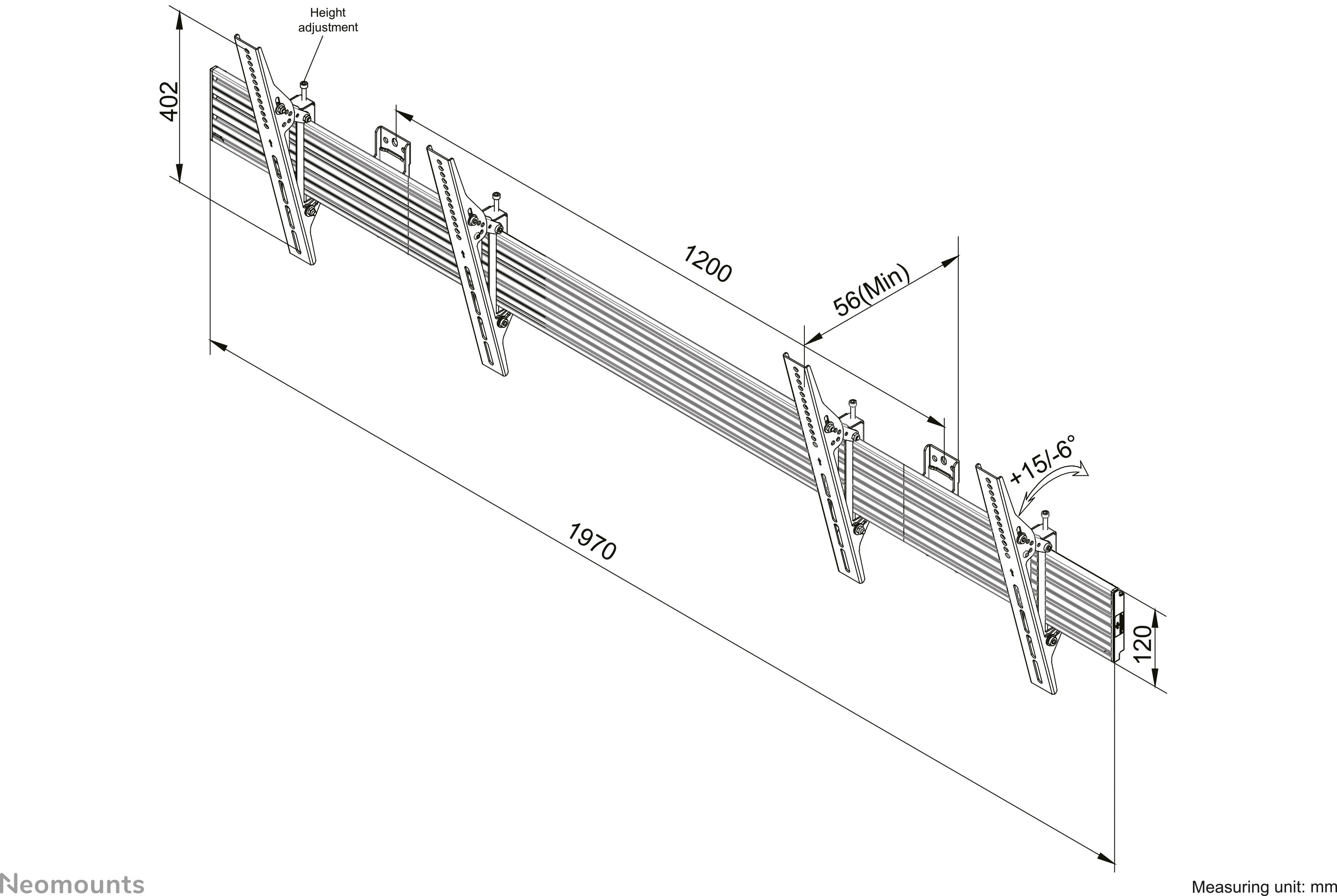 Technical drawing of a mounting bracket with adjustable clamps along a rail, length 1970 mm, height 402 mm, inclination angle 11.56°.