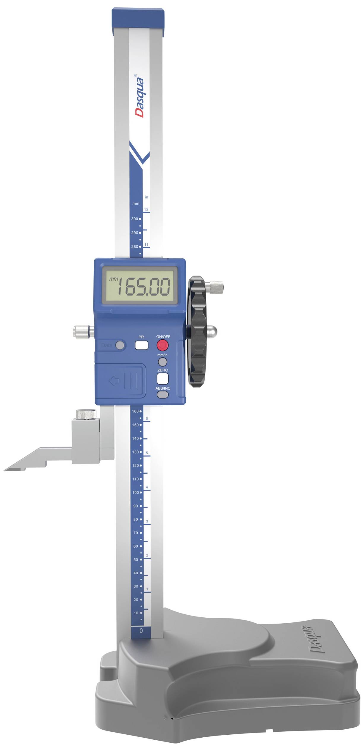 Altimeter with digital display showing '165.00'. Blue-grey scale and lever on the side. Used for precise measurement.