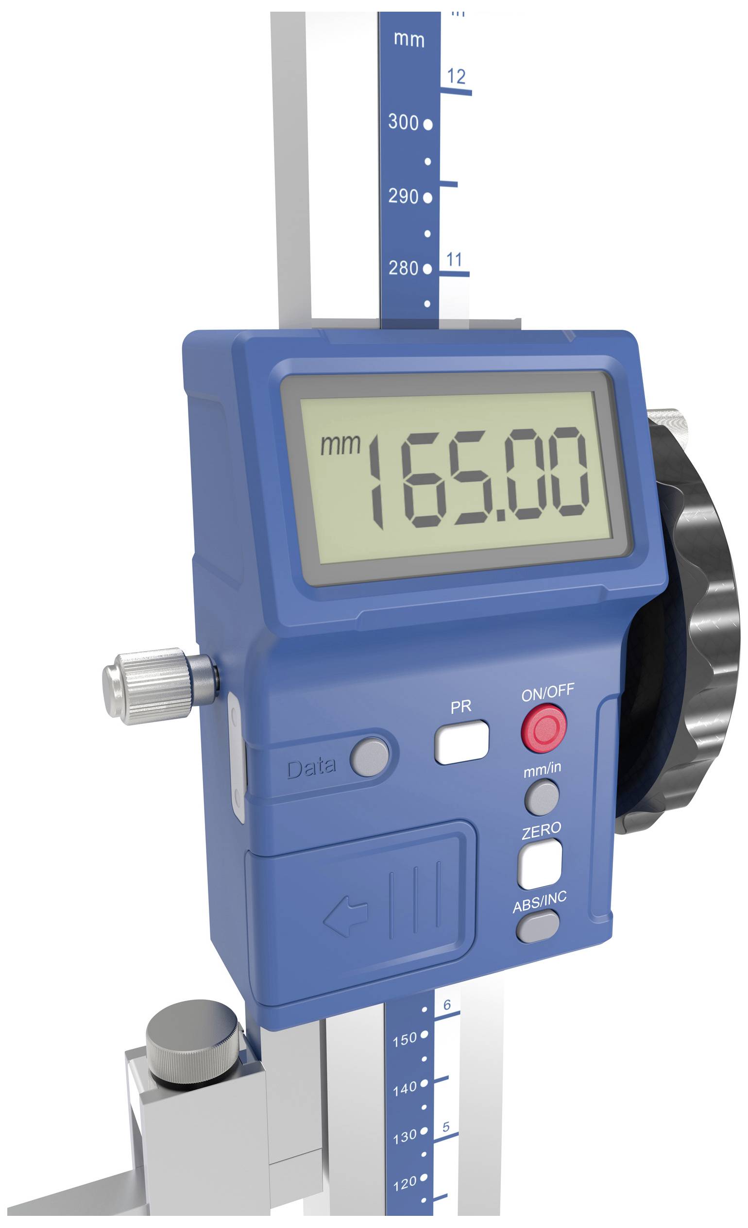 Digital calliper shows '165.00 mm' on display. Blue markings and scale for precise length measurement.
