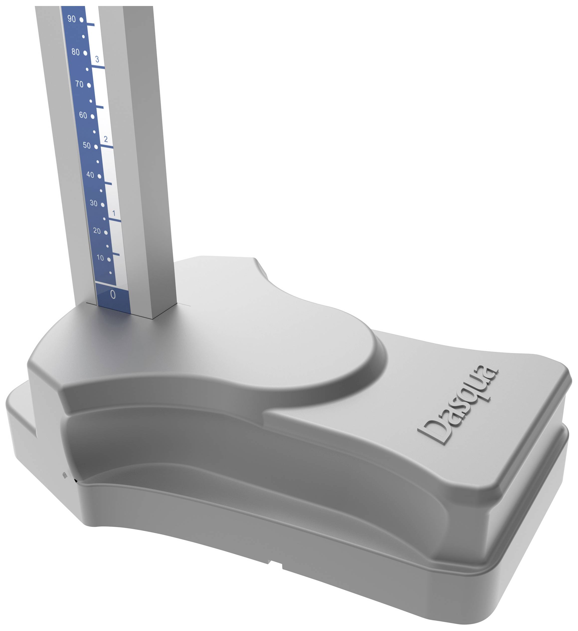 A silver altimeter with a blue scale, manufactured by Dasqua, is shown. Primary purpose: precise length measurements.