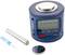 Digital inclinometer with a round housing, display, silver cylinder and battery. Displays '000.000' in inches.