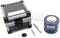'A blue measuring device next to a black storage case. A metal rod, a screwdriver, and a document are included.'