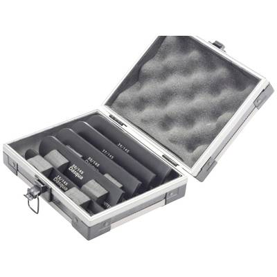 An open suitcase containing several standardised measuring rulers in various sizes, used for precision measurement.
