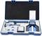 Blue plastic case with precision measuring instruments, including a calliper and measuring devices, along with a guarantee certificate.