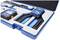 Blue case with various digital measuring tools, including a calliper and an angle gauge, neatly organised in foam inserts.