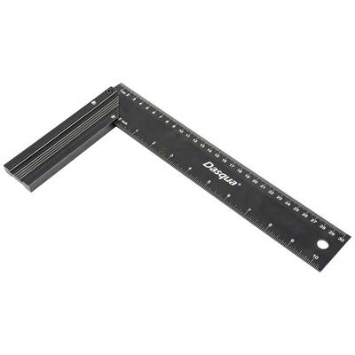 Protractor with ruler in black, aligned at one corner, showing centimetre and inch scales. Brand: Dasqua.