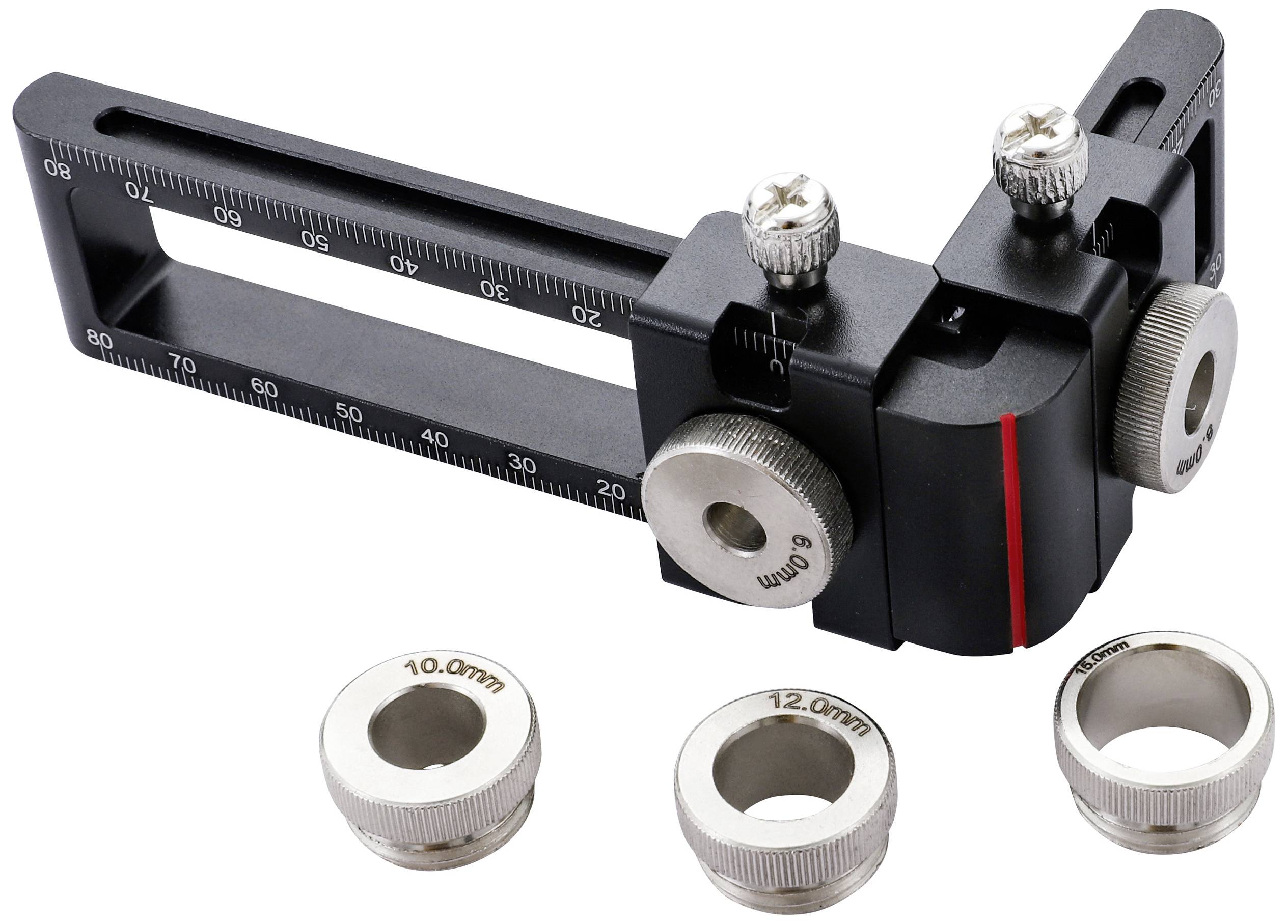 A black milling depth stop with scale, two locking screws and three interchangeable rings: 6 mm, 10 mm and 12 mm.