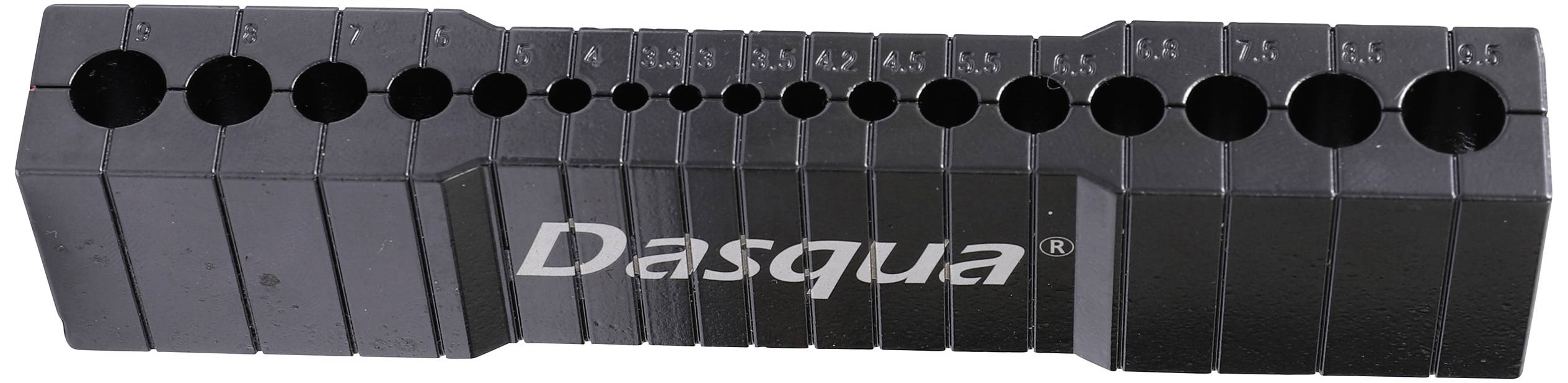 Metal gauge block with various diameters for measuring or checking holes, with the brand name 'Dasqua' printed on it.