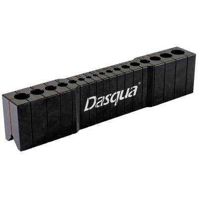 Black block with several round openings, labelled 'Dasqua', serves as a holder for measuring tools in various sizes.