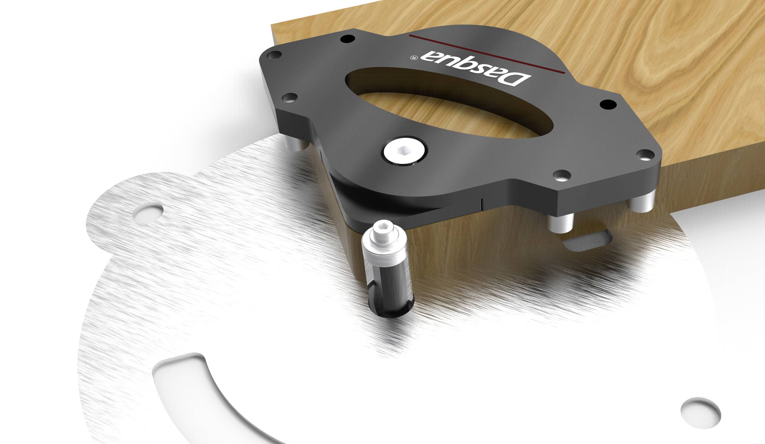A woodworking router with circular guidance cuts precisely into a wooden board.
