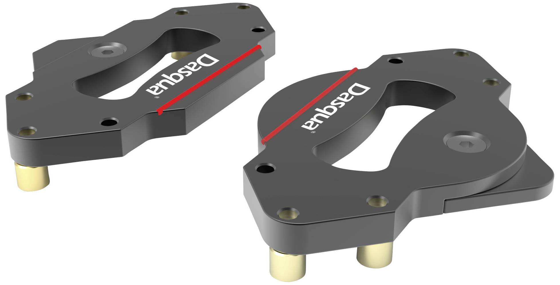 Two black, flat metal brackets with the inscription 'Dasqua' and red lines indicating measurement accuracy.