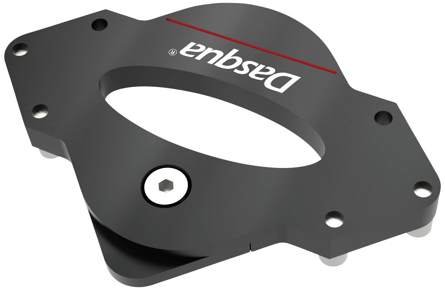 Black metal plate with an oval opening and a round cutout at the top, featuring the white 'Dasqua' logo.