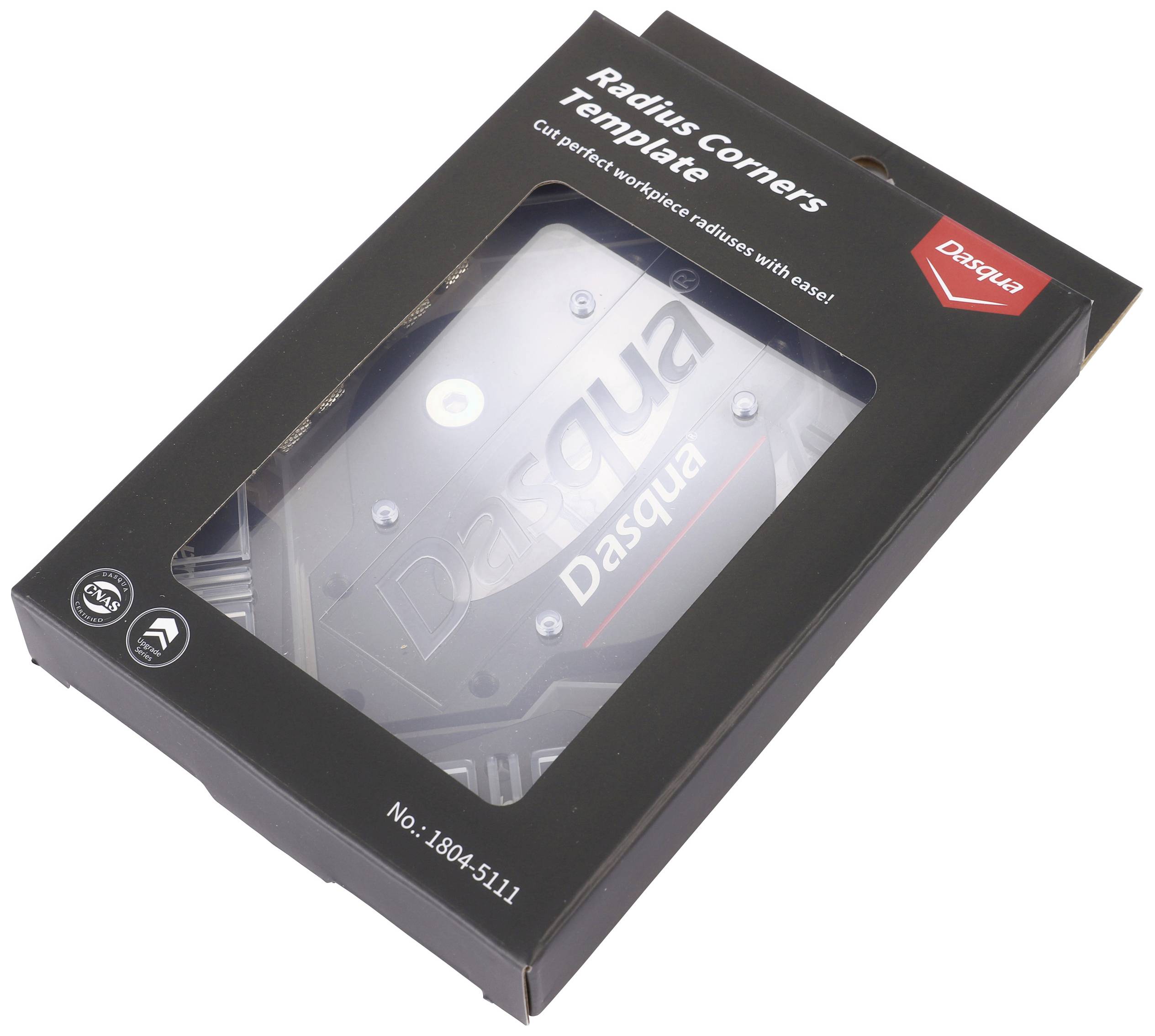 'Radius Corners Template' by Dasqua in a black packaging. The template is designed for precise radiusing of workpieces.