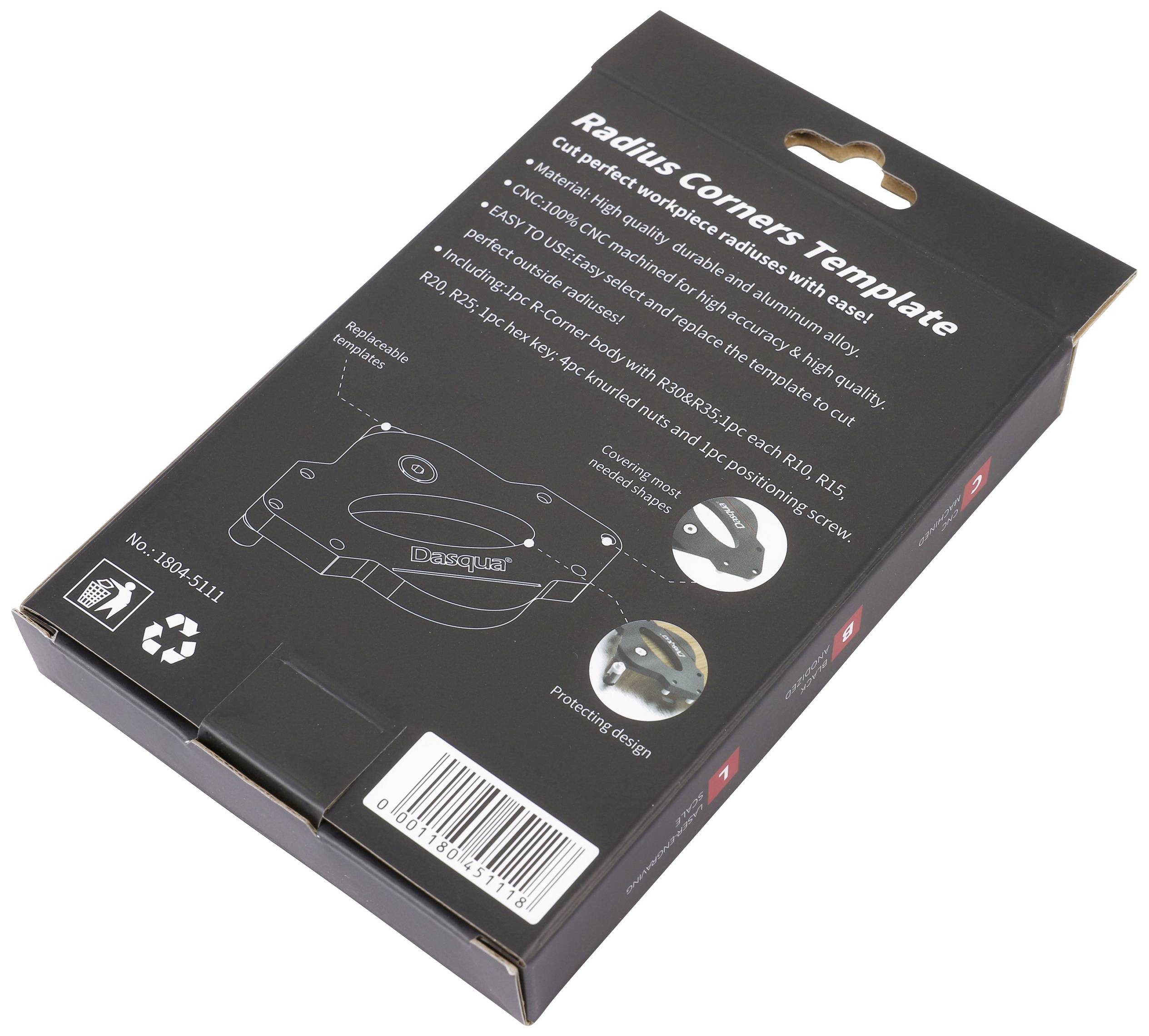 Packaging for a radius corner template. Contains compatibility information and usage instructions. Recycling symbol at the bottom.