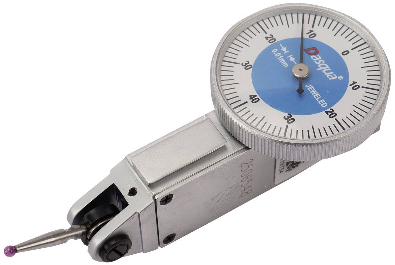 Dial gauge with analogue scale, showing precision measurements for small changes in length. Essential for machine adjustments.
