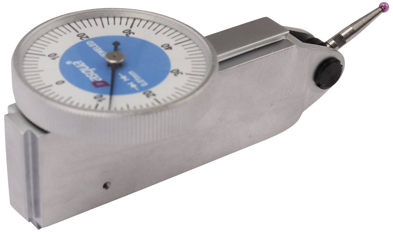 Dial gauge with a circular dial face, blue centre and scale from 0 to 10. Used for measuring small distances.