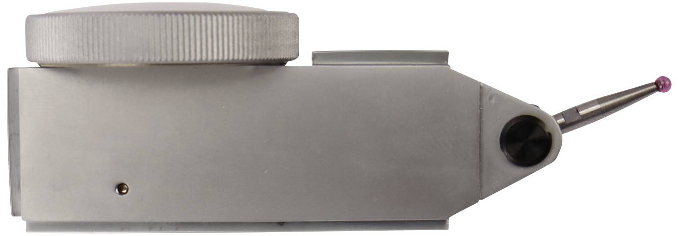 A probe viewed from the side with a round, metallic cap and a thin arm with a small, pink tip.