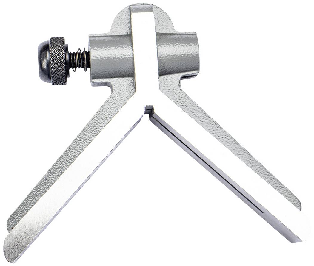 Metallic V-shaped tool with adjustable screw; likely suitable for precise measurements or clamping operations.