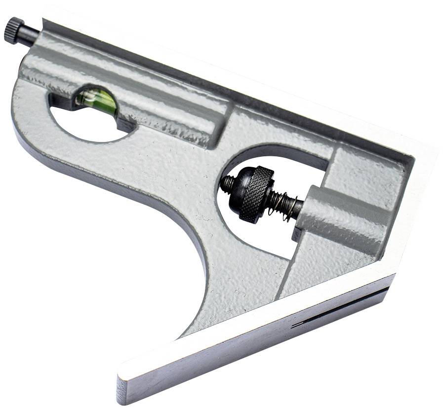 A silver combination angle tool with built-in spirit level for precise measurement of angles and planes.
