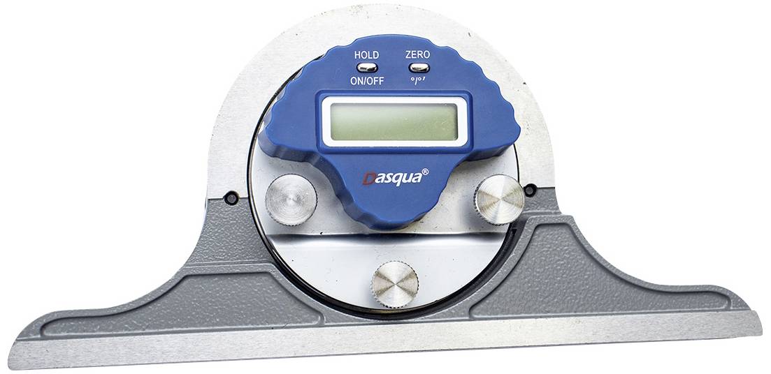 Digital inclinometer with LCD display and grey-blue housing. Used for measuring angles in technical applications.